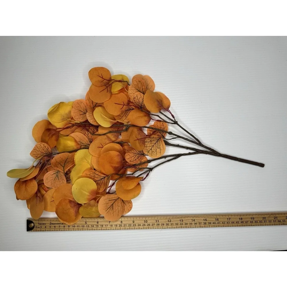 Faux Round Leaf Bush Fall Autumn Orange Yellow Eucalyptus Style Floral Decor